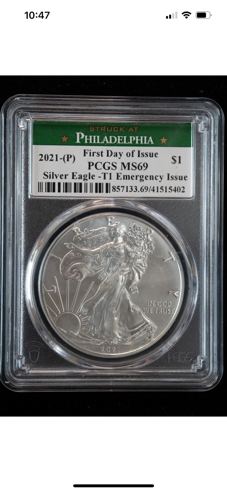 2021(P) Ty 1 1 oz Silver Eagle PCGS MS-69 First Day Emergency Issue Holder