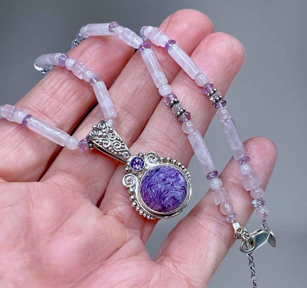 Sajen Charoite/Amethyst Pendant and Necklace
