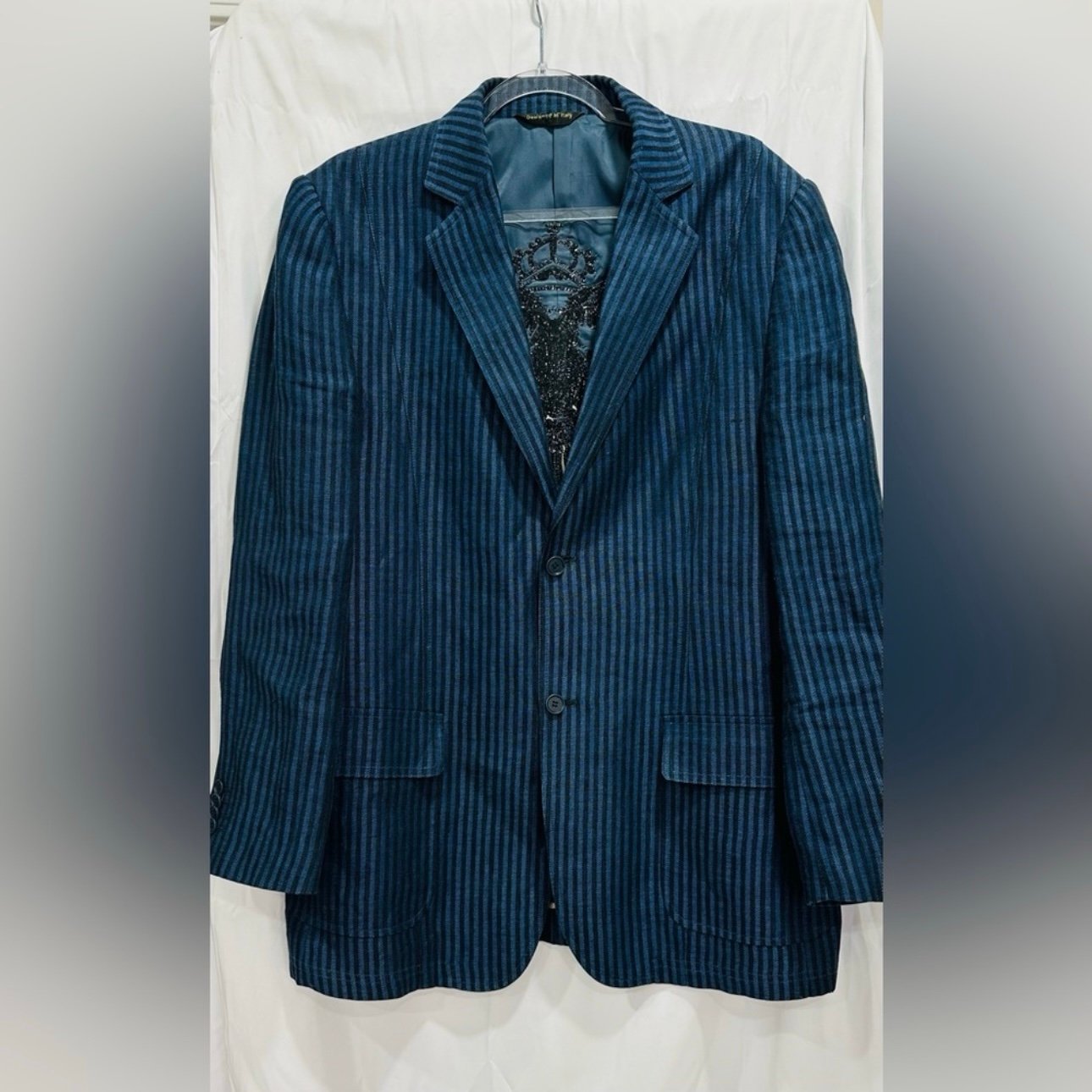 Rizzoli Uomo Men Super 140s 100% Irish Linen Blazer Size 44R Blue Striped