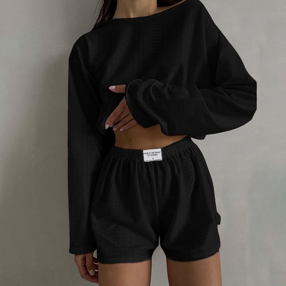 Commense EYELET ROUND NECK TOP AND SHORTS SET