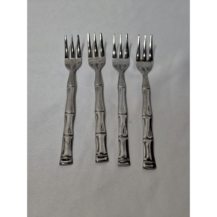 Vtg Bamboo Pattern Cocktail Appetizer Seafood Forks, Mid Mod, Stainless, 4