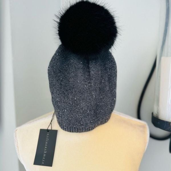 Sofia Cashmere Sequin 100% Cashmere Beanie with Faux Fur Pompom Gray/Black, NWT