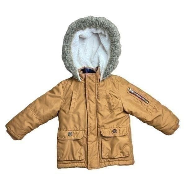 Carters tan coat with faux fur hood and Sherpa lining