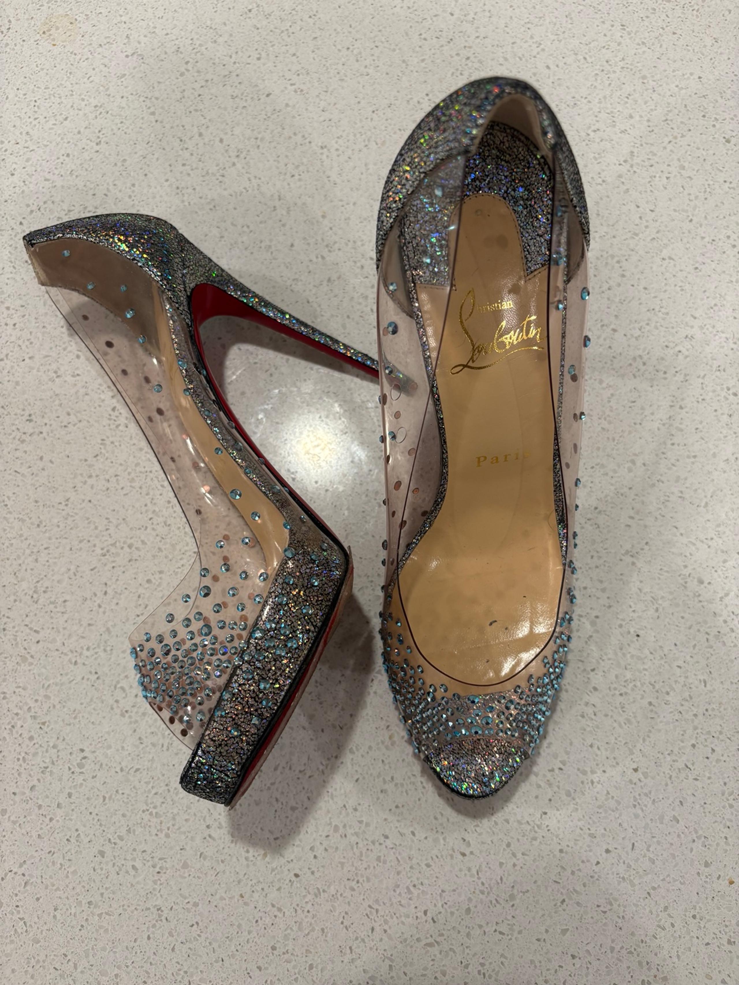 CHRISTIAN LOUBOUTIN DEGRASTRASS CINDERELLA PVC 100 PEEP TOE PUMPS. Size 38.5.