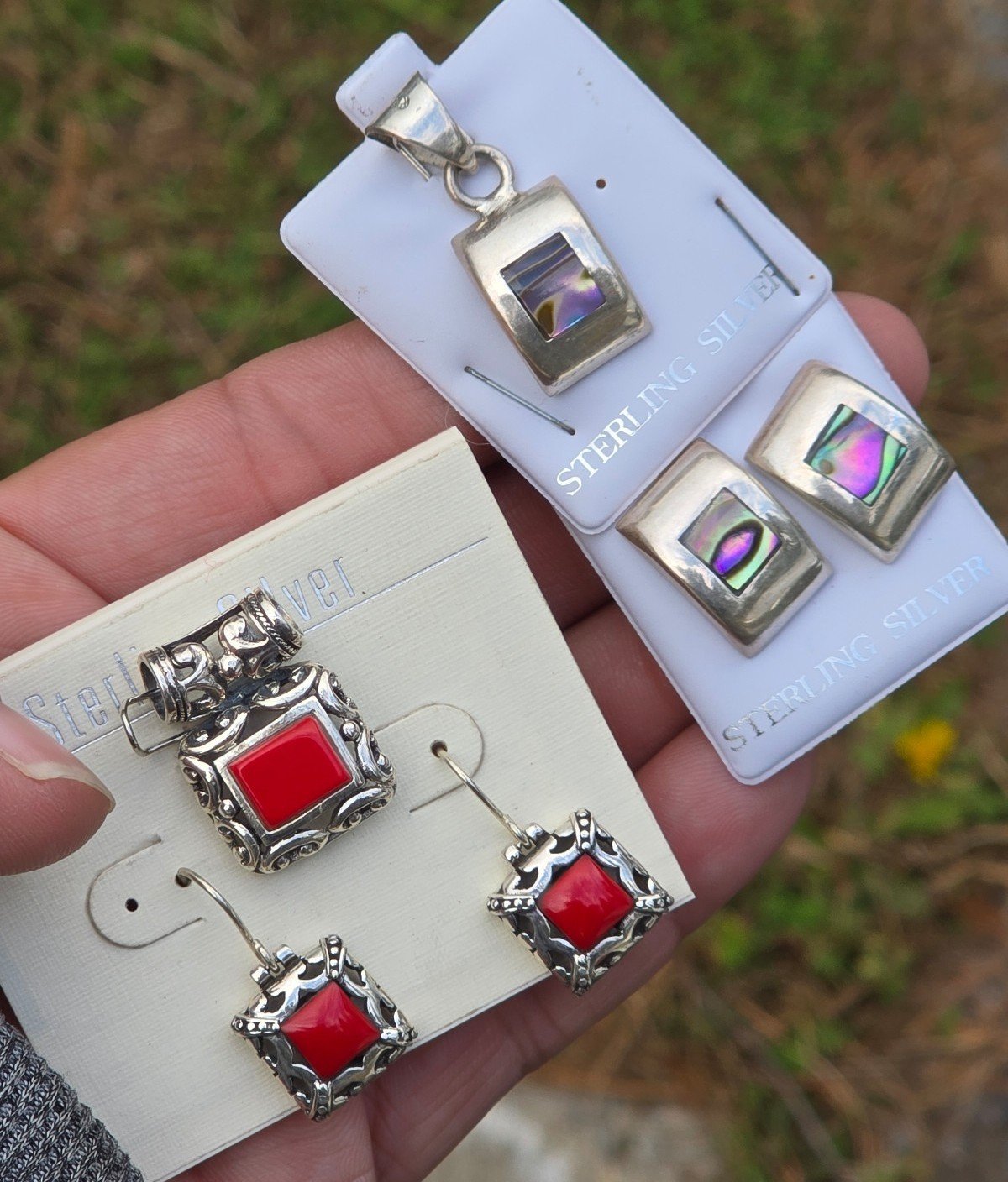 Vintage -Never Worn- .925 SS Red Coral & Abalone Shell Pendant & Earrings Sets-