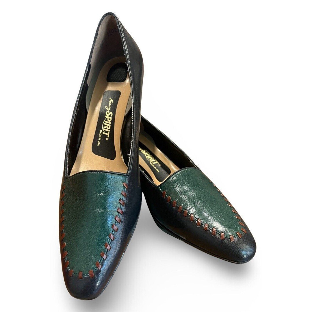 Easy Spirit Y2K Woman Leather Shoes/loafers/mules Low Heeled Black/green Size10