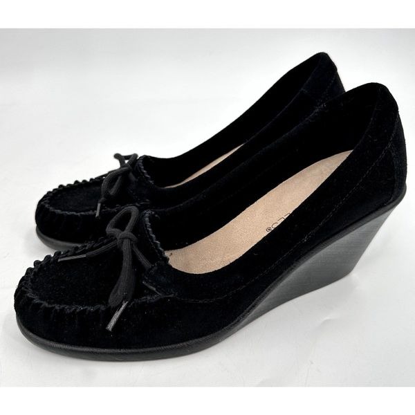 Aerosoles Black Suede Wedge Comfort Pump Heel Moc Shoe Womens Size 6.5 New!