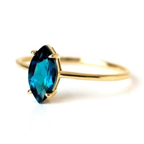 14k Yellow Gold 1.45Ct Natural Marquise Cut London Blue Topaz Solitaire Ring