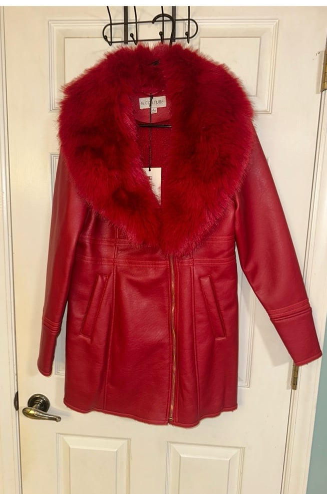 Leather Fur Collar Jacket-Red