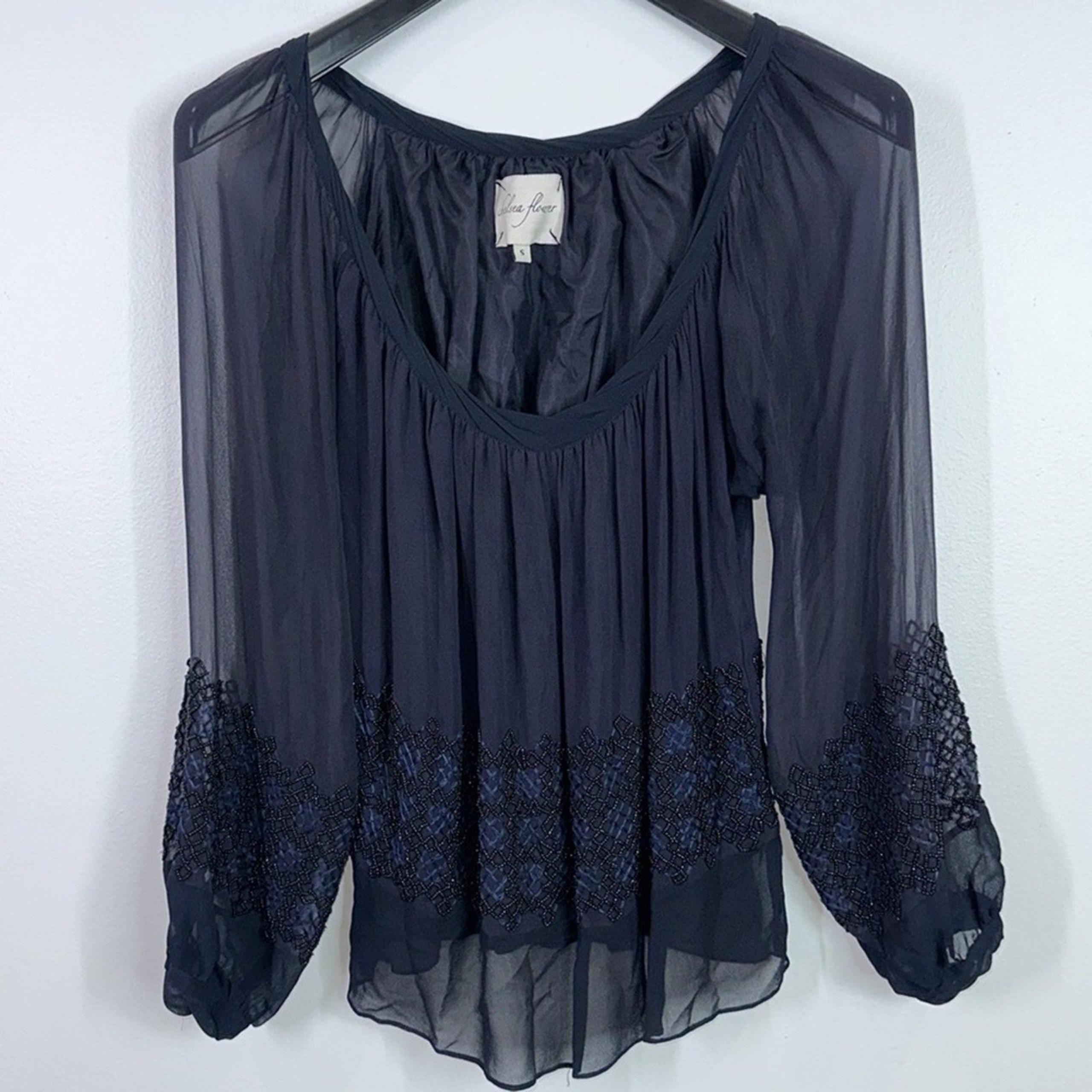 Chelsea Flower beaded navy semi sheer blouse size small