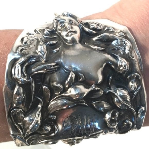 Rare Antique Goddess Sterling Silver Cuff Bracelet Victorian 925 Lady Face Wide