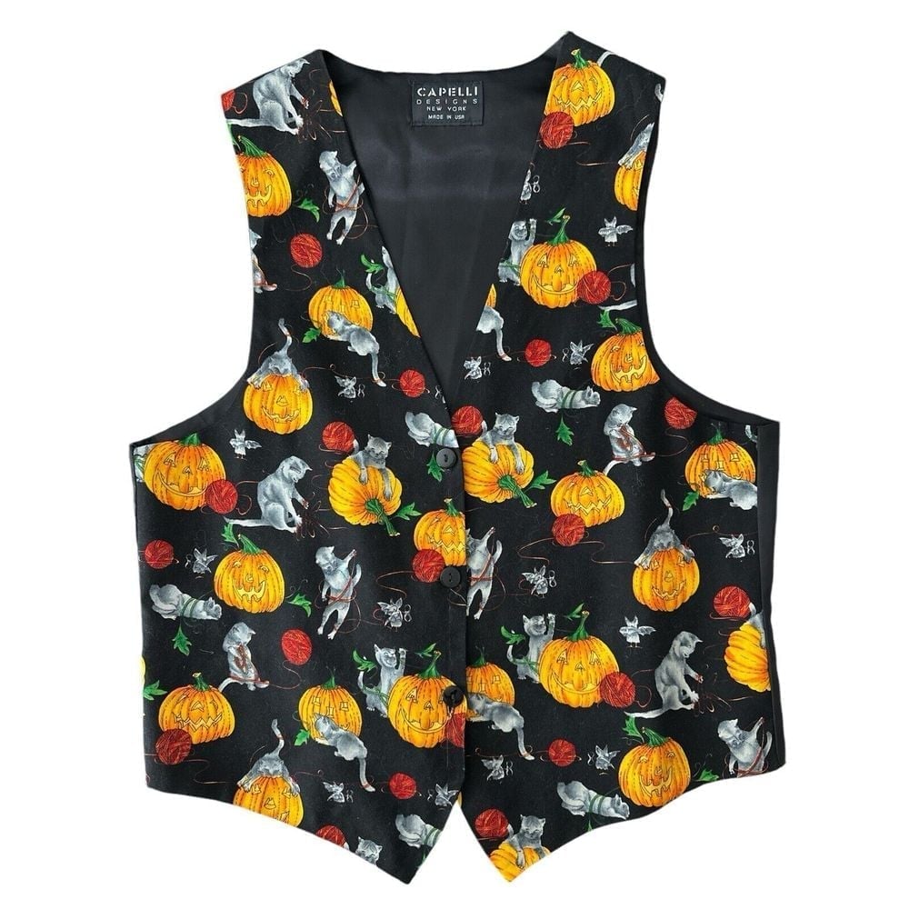 Vintage Vest Capelli MADE IN USA Halloween Pumpkin Cat Bats Grandmacore Corpcore