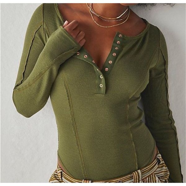Free People Women's Sloane Bodysuit Olive Green Medium NWOT