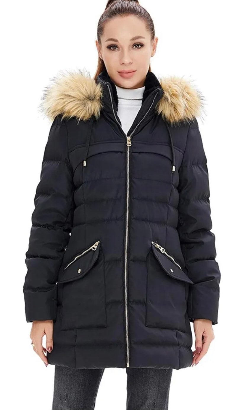 NWT Polu Womens Thicken Down Jacket with Removable Fur Trim Hood, Black XXL