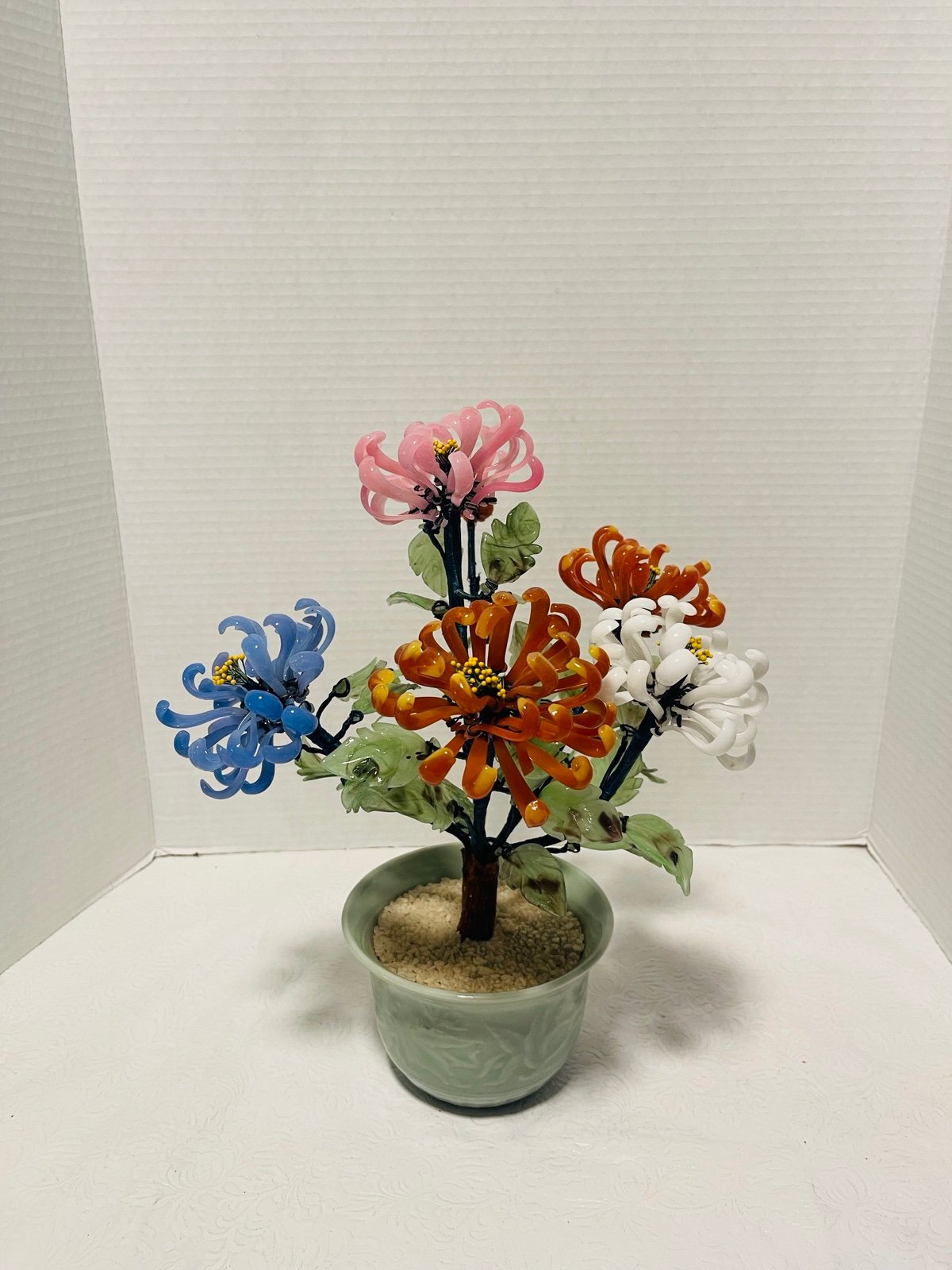 VINTAGE CHINESE JADE GLASS CHRYSANTHEMUM FLOWER CELADON POT ASIAN BONSAI LEAF