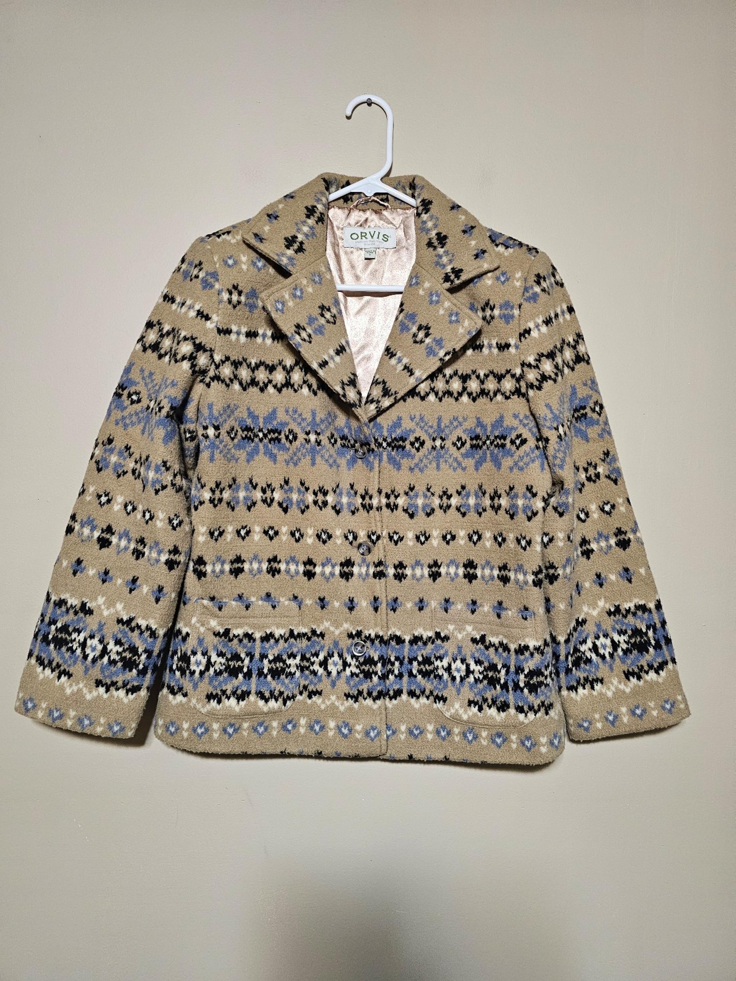 Orvis Fleece Blazer Jacket Women's Size Small NWOT Tan Blue Shoulder Pads