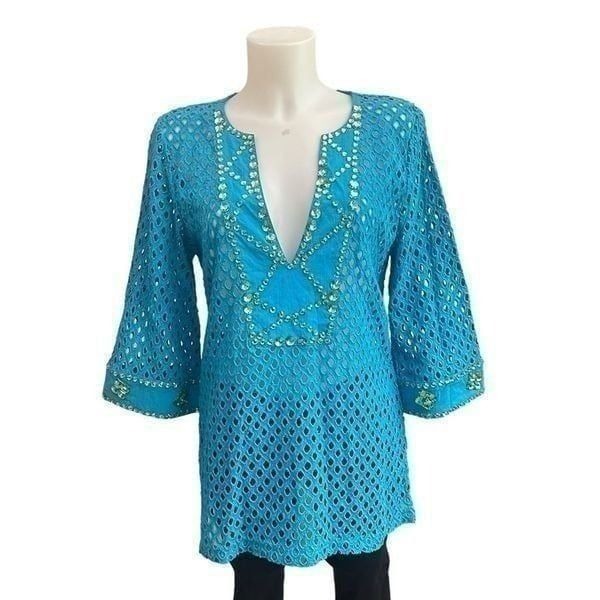 Soft Surroundings Blue Eyelet Tunic Cover Up Top Rhinestones Embellished sz S