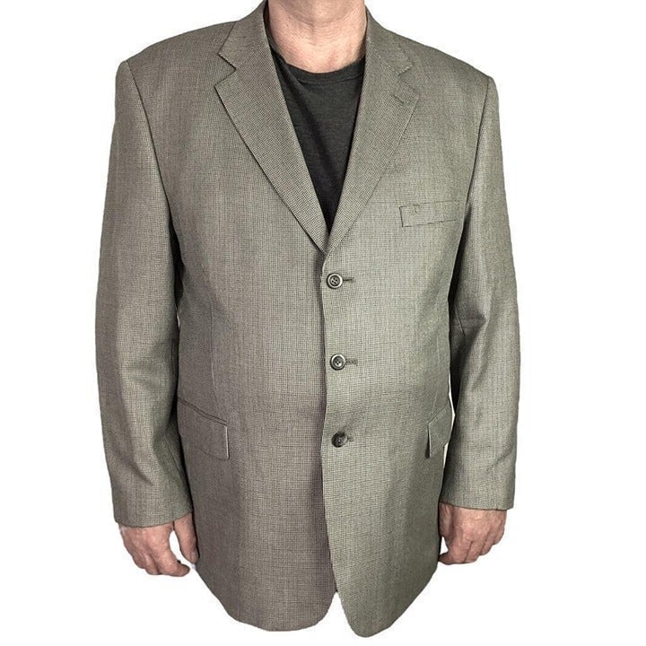 Stafford Blazer Jacket Men 48R Beige Black Check Silk Wool Classic Sport Coat