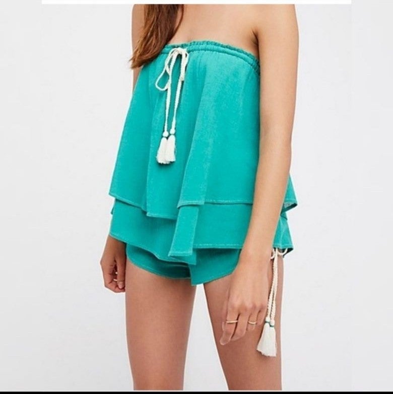 NEW Free People boho gauze beach summer tier it up shorts SMALL teal blue vacay