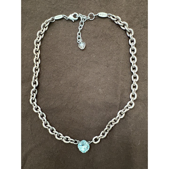 Sabika Silver-Toned Chain Necklace With Blue Crystal Pendant