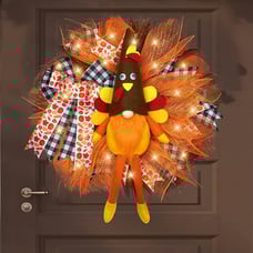 Thanksgiving Wreath Decorations, 18 Inch Turkey Gnome Wreaths with LED Lights