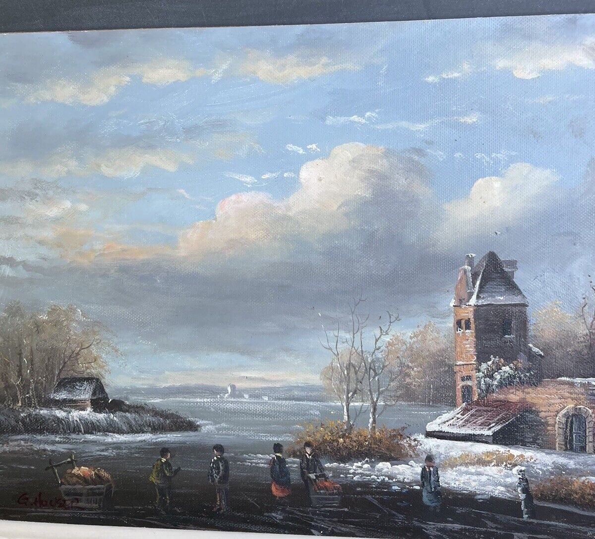 Dutch Landscape Oil Painting Winter Frozen River Signed 8 by 10 inches church