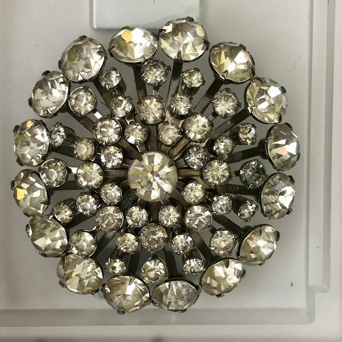 Vintage Clear Rhinestone Cluster Silver Tone Round Brooch