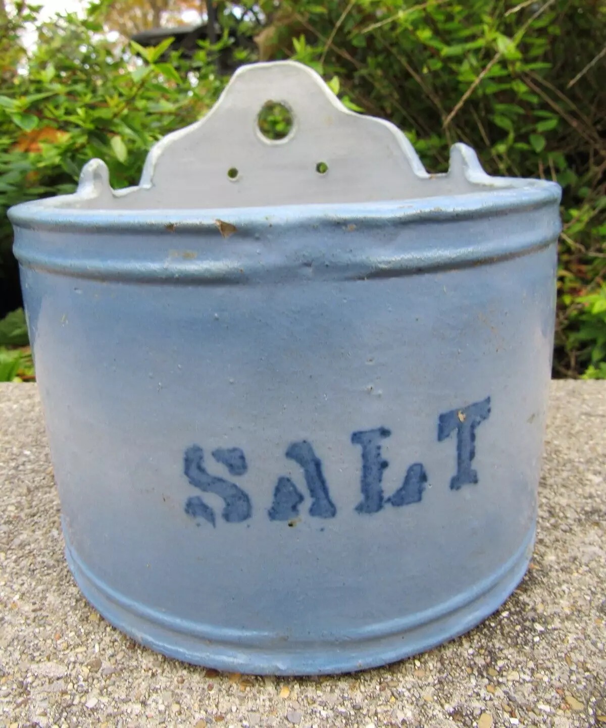 Antique Stoneware Hanging Salt Box Salt Crock wall Blue and White Salt Glaze