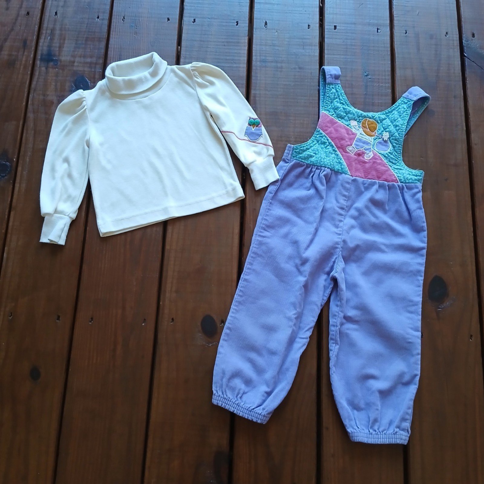 Vintage 80's baby toddler little girls 2T corduroy colorful owl overall top set