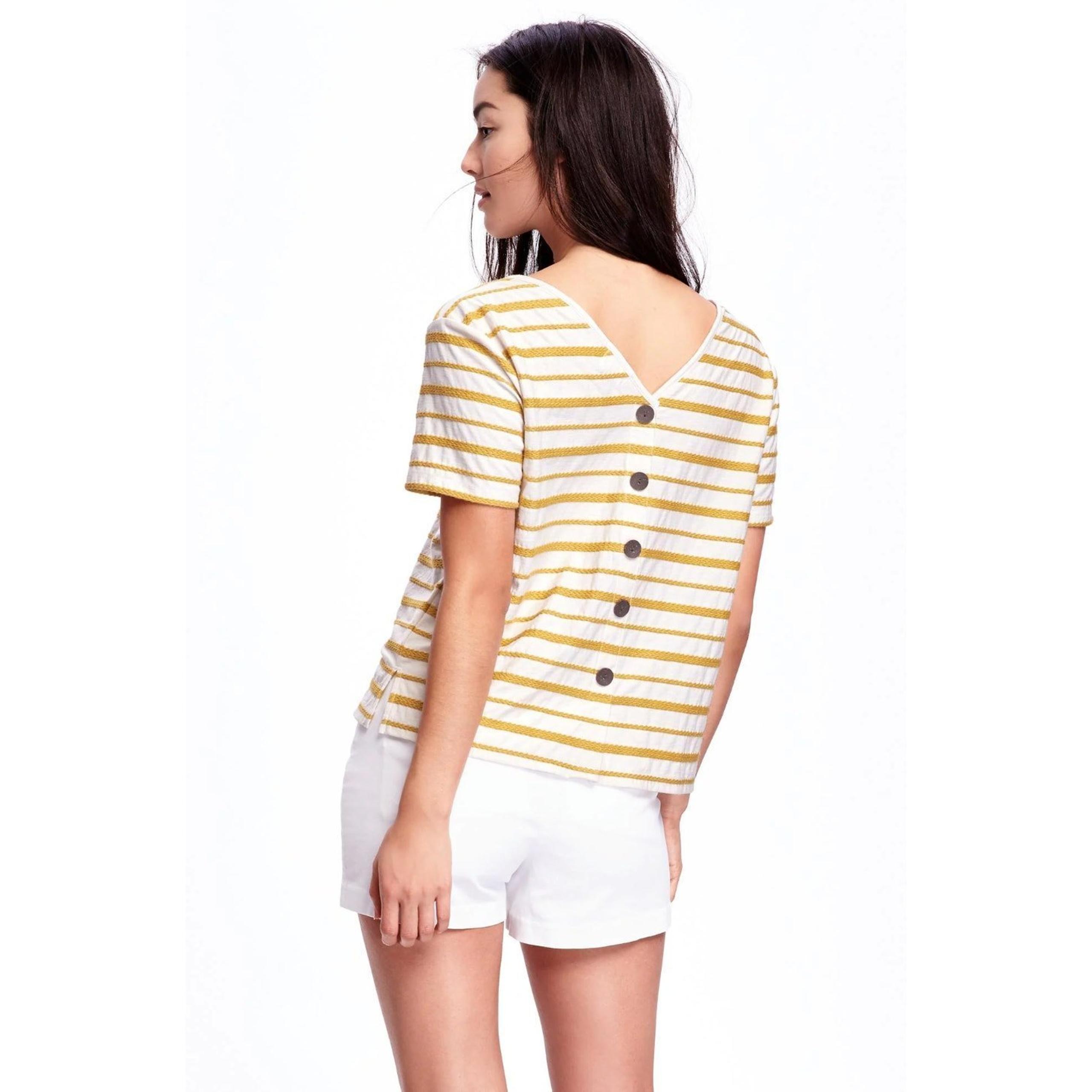 Old Navy Embroidered Striped Button Back Knit Top Size S Yellow Cream Tee