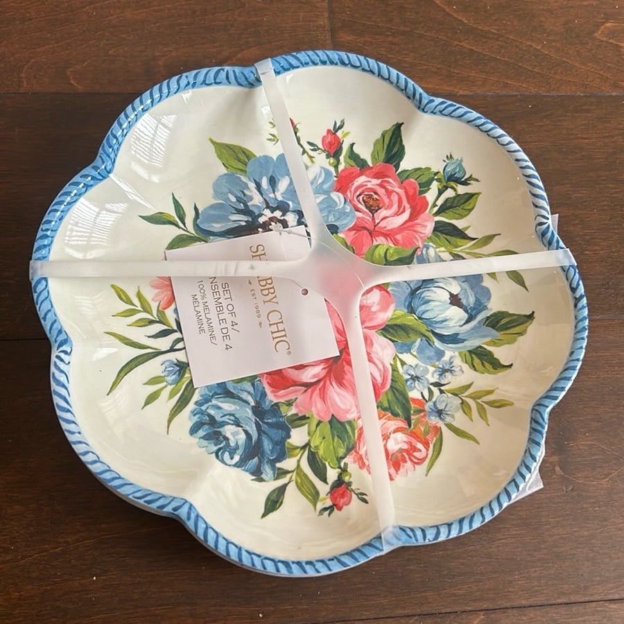 Shabby Chic 4 Salad Plates New Floral Scalloped Melamine