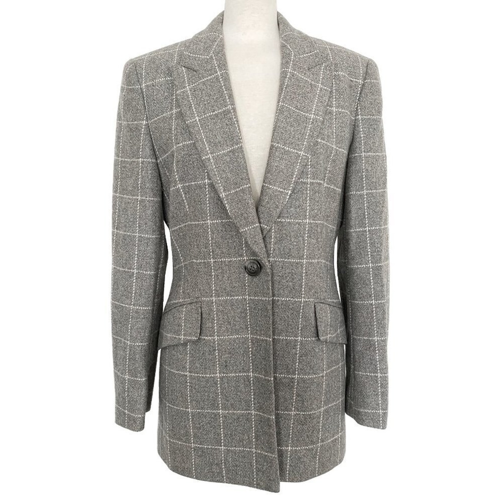 Escada 100% Cashmere Gray and Beige Checkered Blazer Jacket Coat