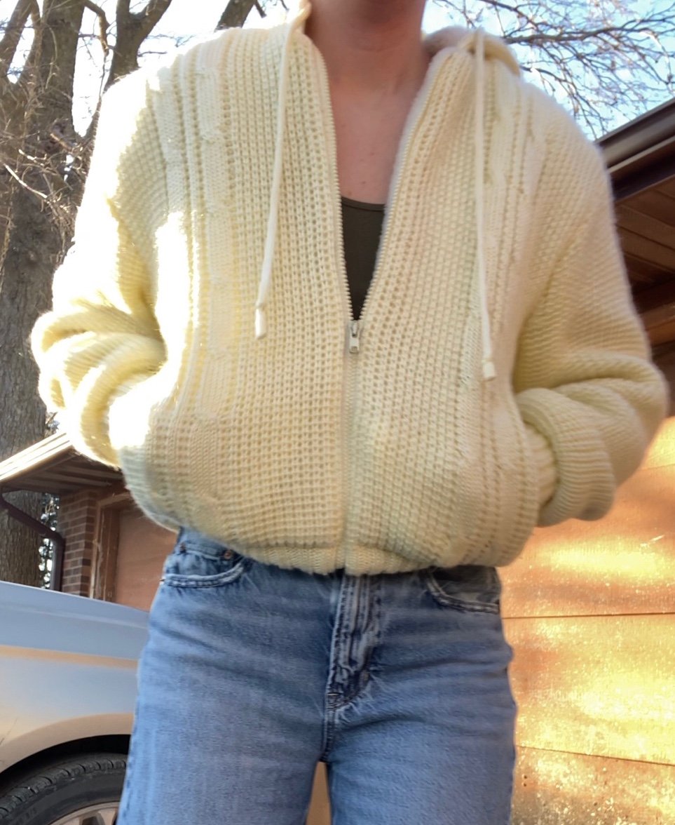 Vintage 70s Sweater Zip Up Jacket w/ Sherpa Lining and Hood