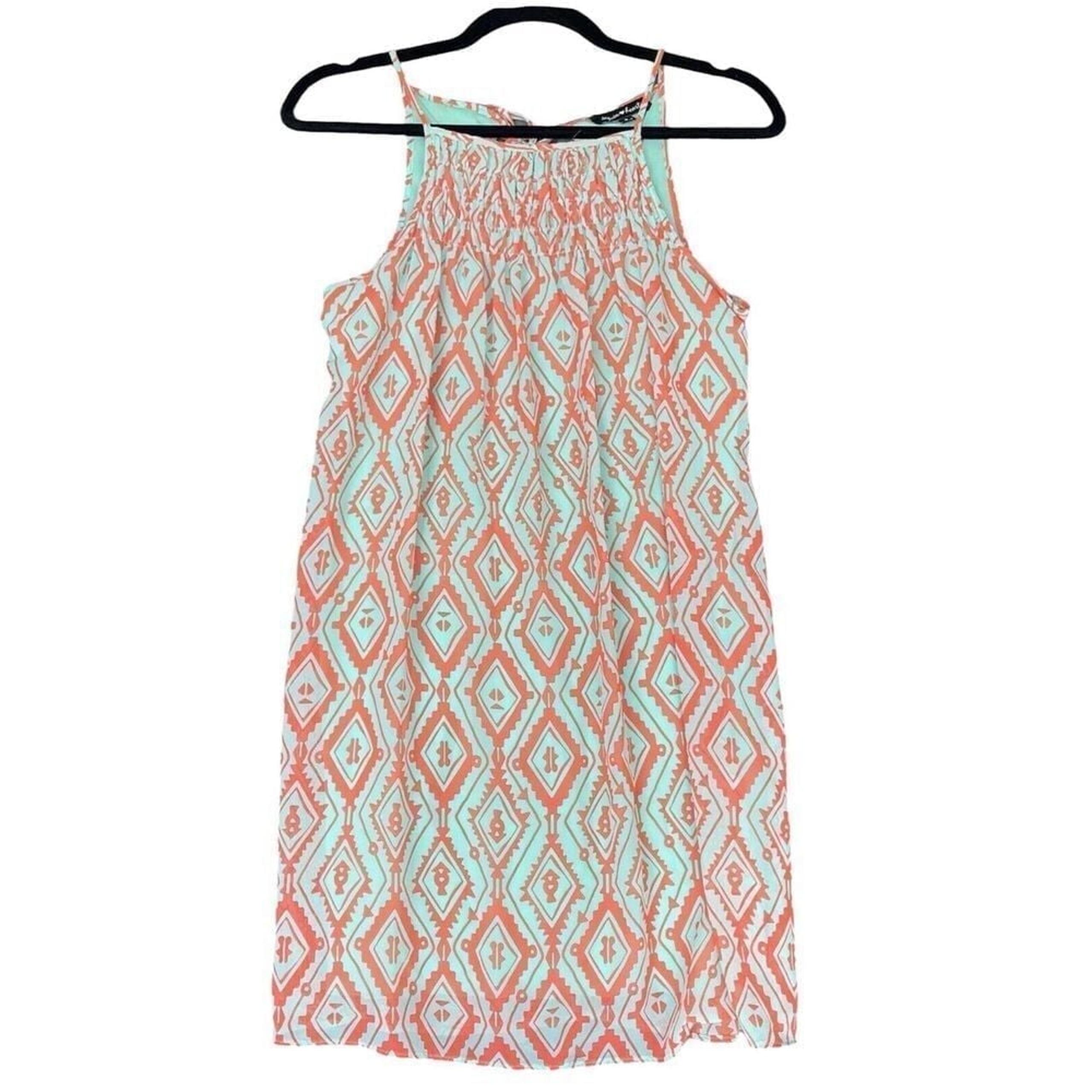 Sequin Hearts Dress Womens Size Small Orange Aqua Smocked Boho Indie Unique Alt