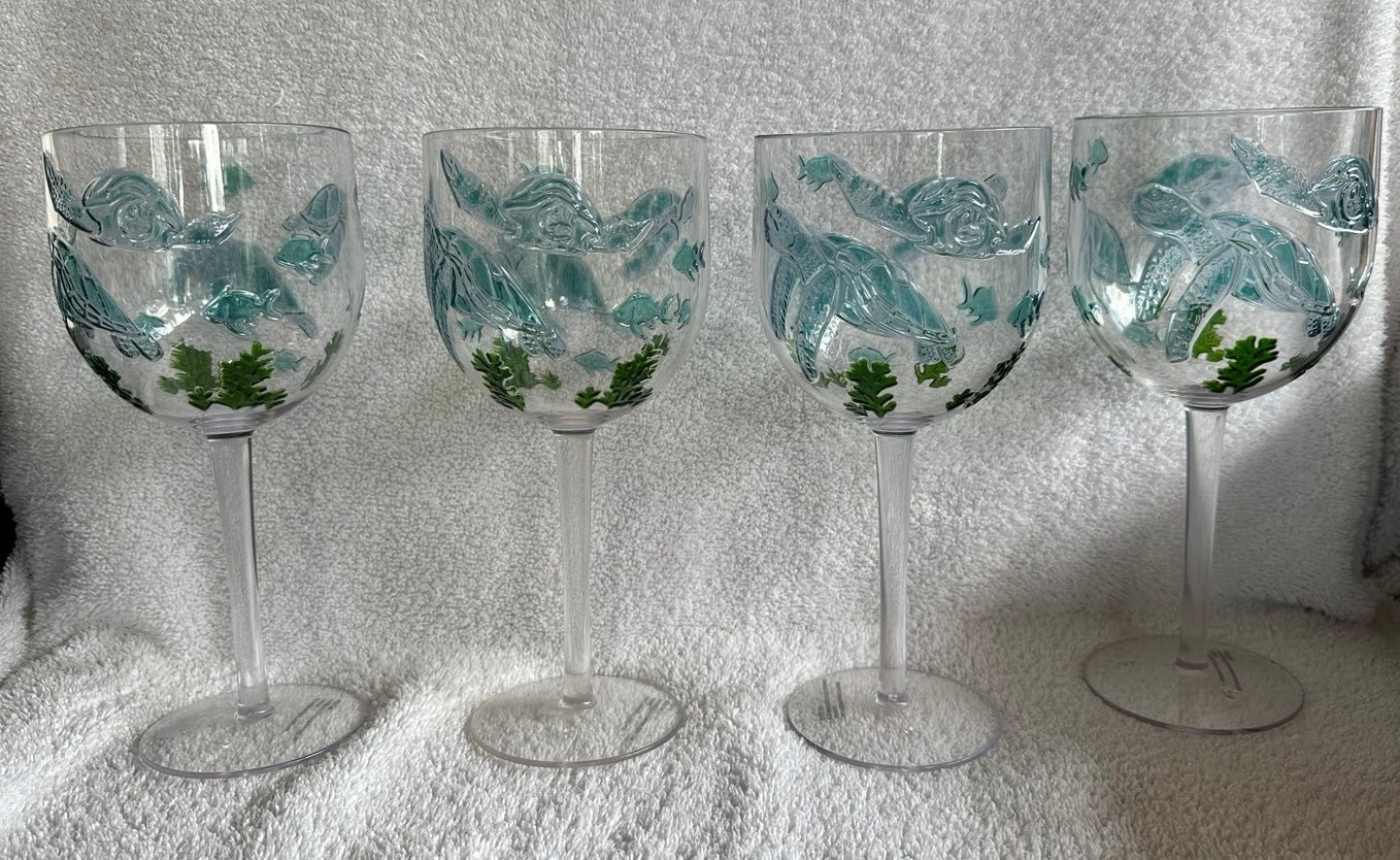 Sigrid Olsen Sea Life 4 Acrylic Raised Sea Turtles & Shells Wine Glasses 9” NEW