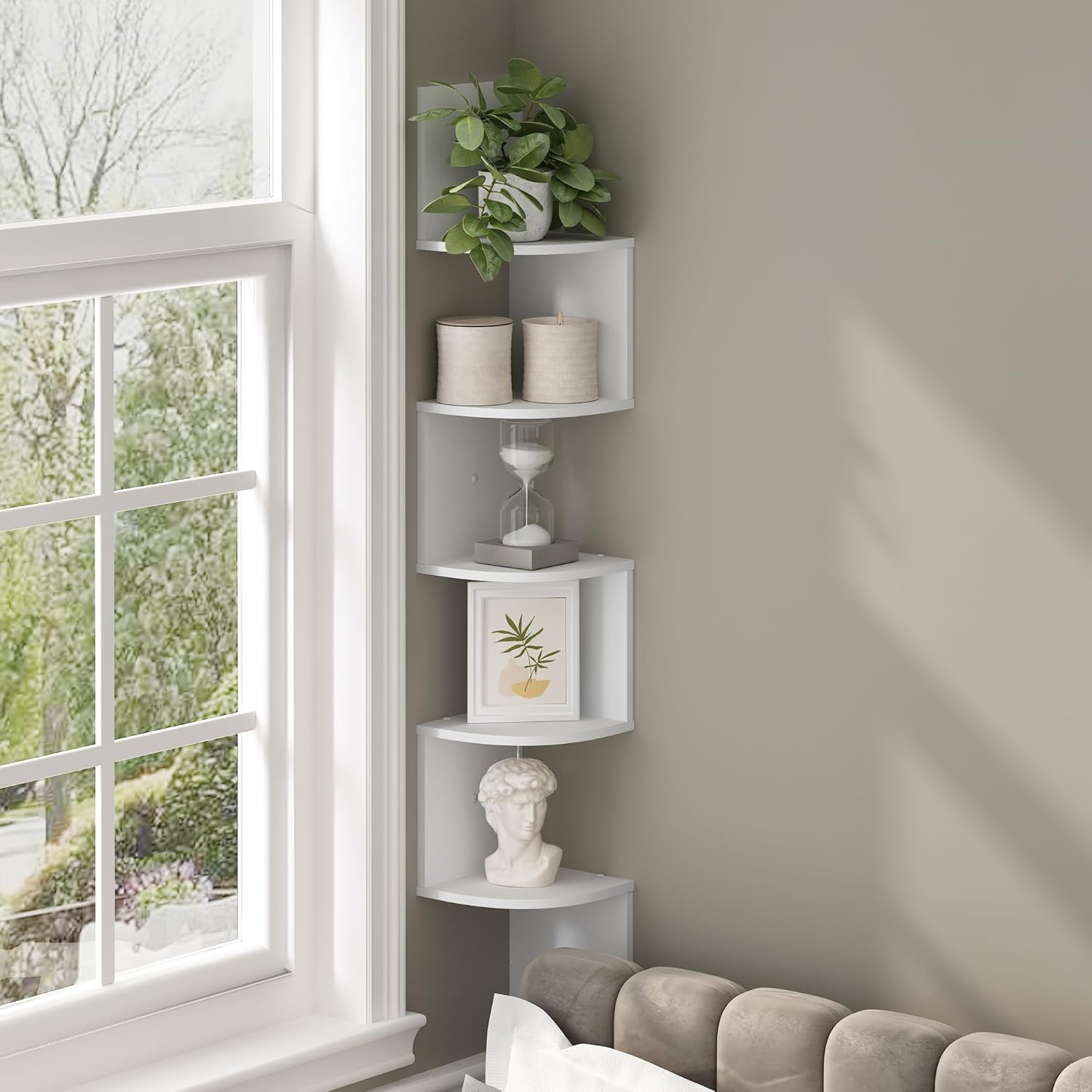5-Tier Floating Corner Shelf, Wall Mount Shelves for Storage and Display, White