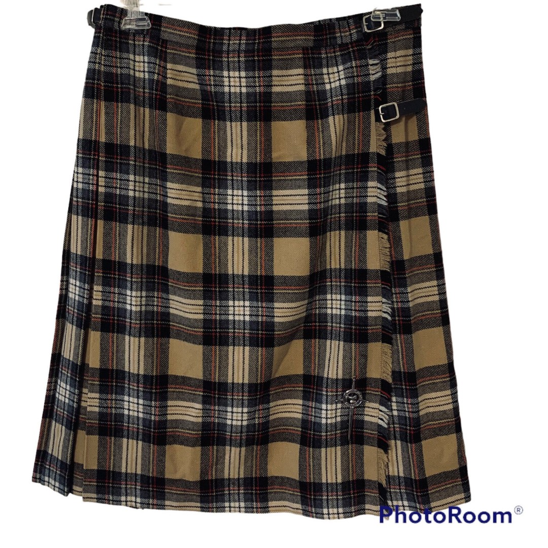 James Pringle Women’s Pleated Wool Wrap Skirt Tan Blue Scottish Kilt Pin Sz 12
