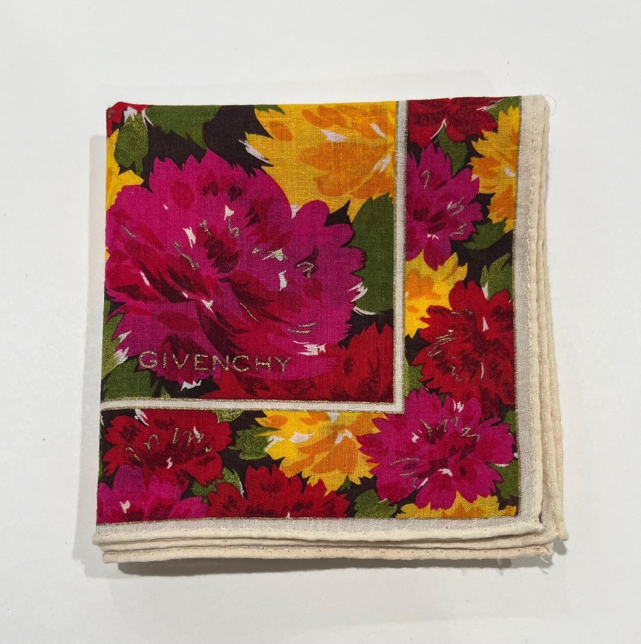 Handkerchiefs Women GIVENCHY Art Floral Pink Gold Plain Pocket Square Cotton 18"