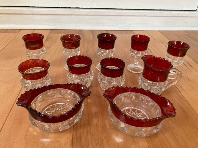 Vintage Red Glass Kitchenware Cups and More Set Lot
