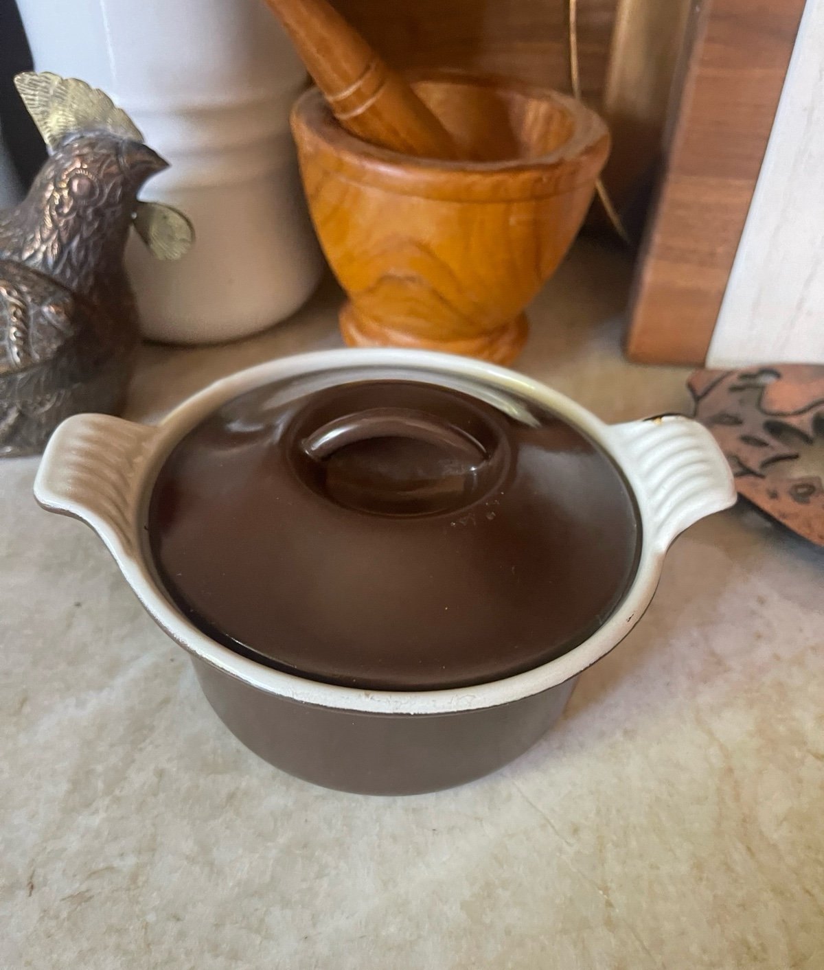 Vintage Le Creuset 70’s mini covered dutch oven brown 14