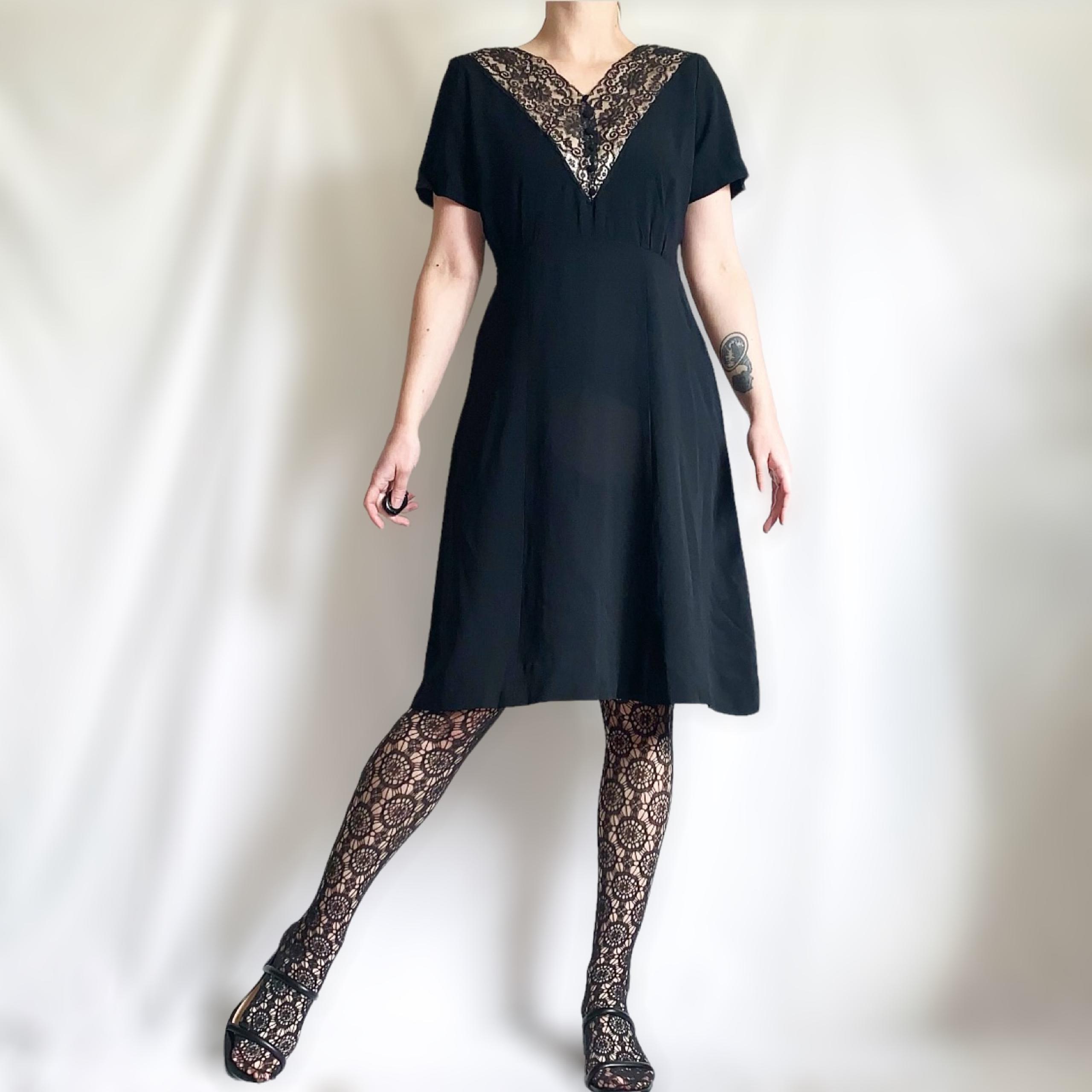 Vintage 50s/1950s Black Lace Dress, Decorative Buttons On Lace, V-Neck