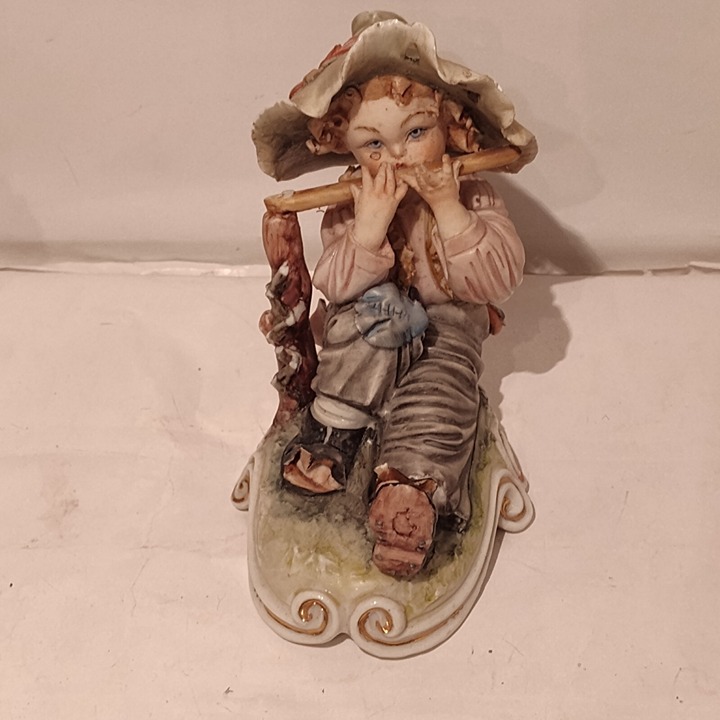 Capodimonte Ceramic Sculpture T. Galli Vintage 1960 Sitting Child With Flute