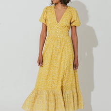 NEW CLEOBELLA Alora Ankle Dress in Cassia Size Small Yellow Floral Midi Cottage