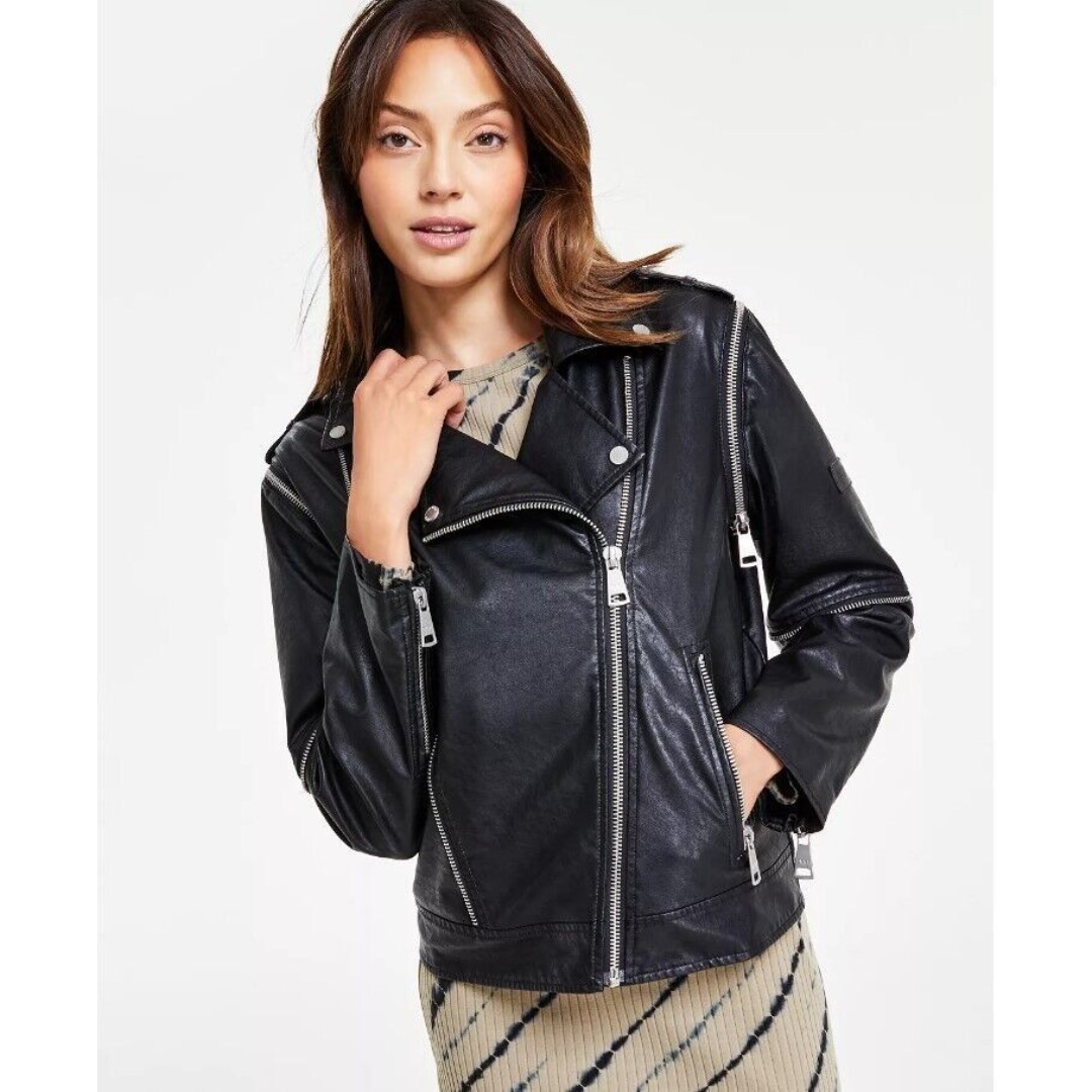 DKNY Jeans Women's Faux-Leather Jacket short Zip-Details Black L