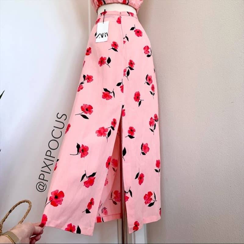 ZARA LINEN BLEND FLORAL PRINT SKIRT PINK SMALL