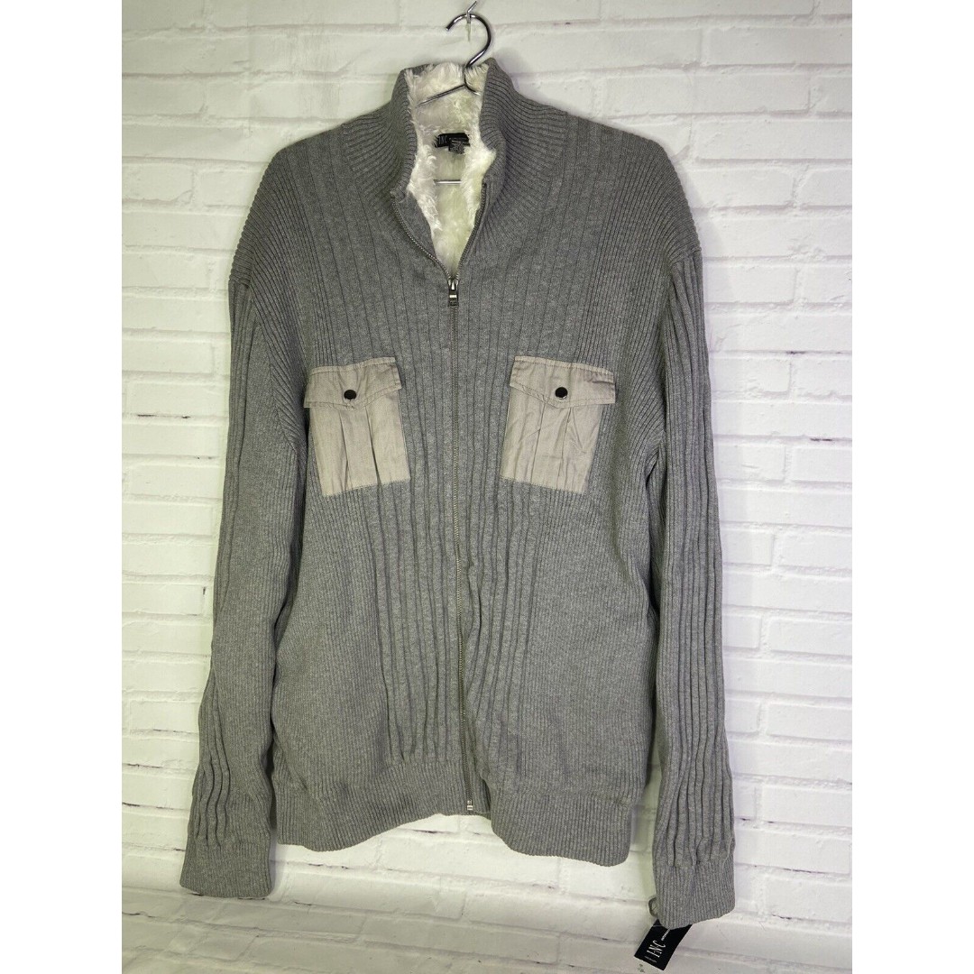 INC International Concepts Mens XL Zip Up Faux Fur Lined Sweater Jacket Gray