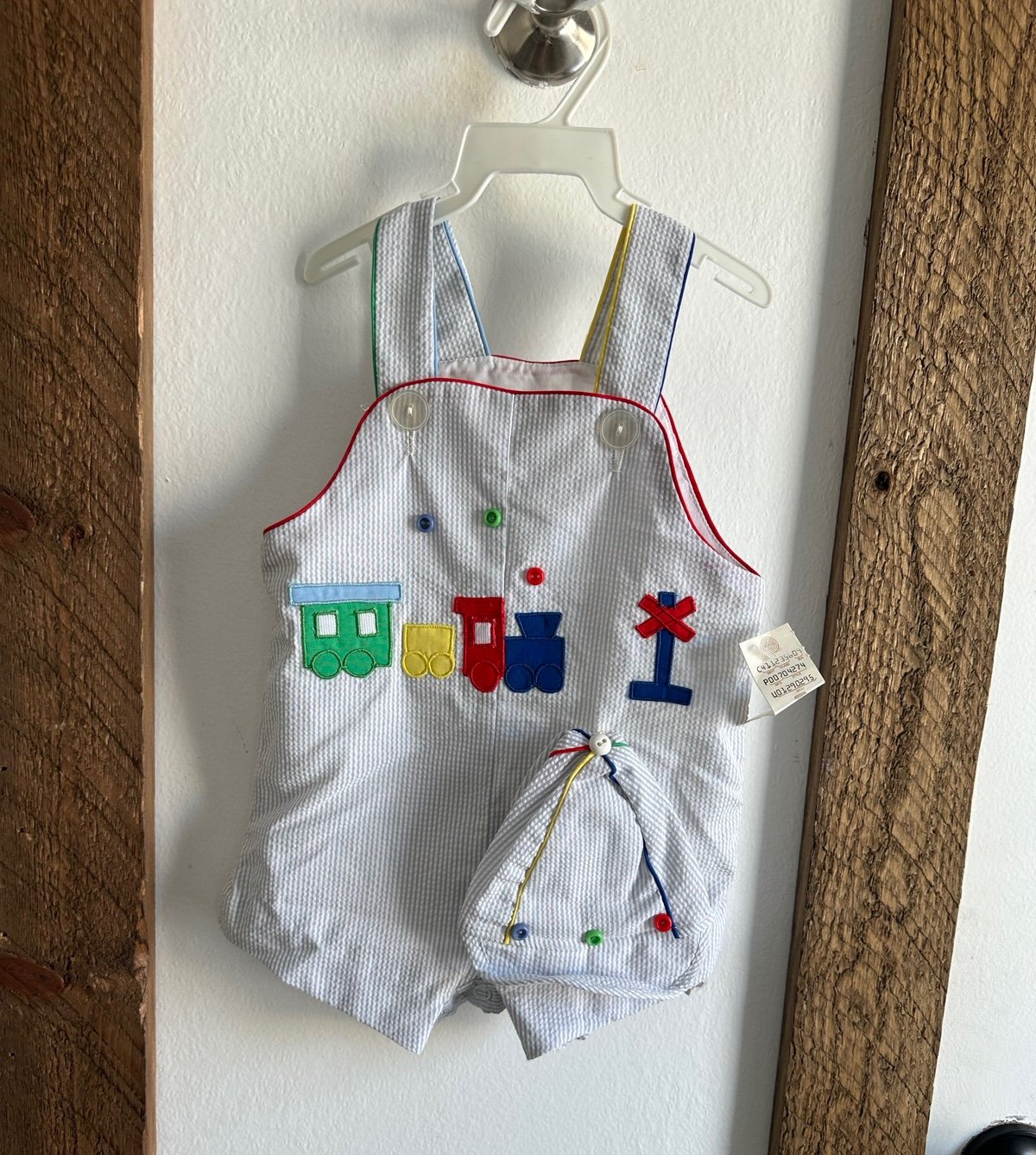NEW Vintage Baby Tags Seersucker Train Jon Jon & Hat 18 Month Baby Boy Multi Col