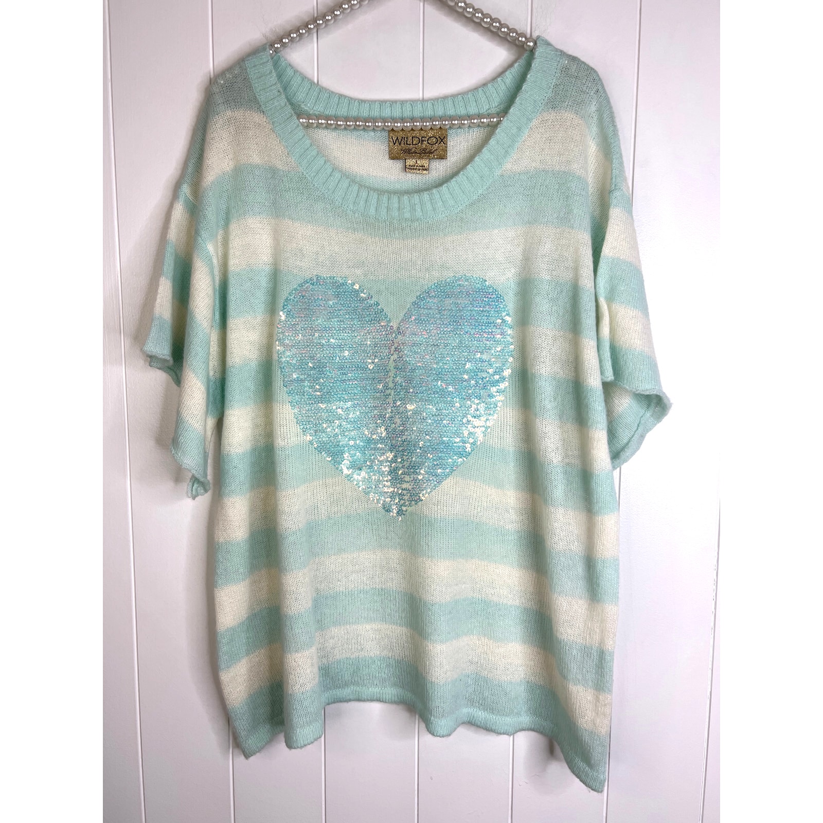 Wildfox White Label Bridgitte Sequin Heart Lake House Striped Sweater Size L
