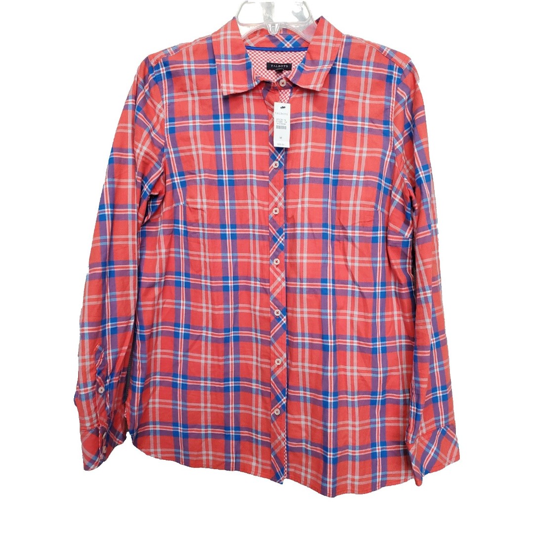 Talbots Orange Plaid 100% Cotton Contrast Cuff Button-Up Shirt Size Medium NWT