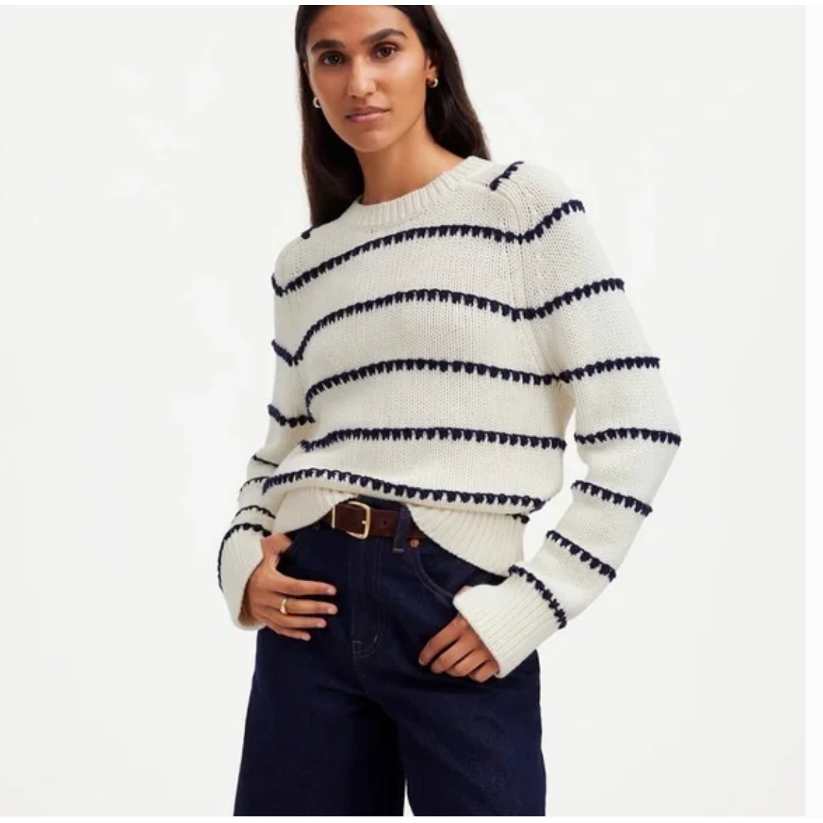 MADEWELL Textured Cotton Crewneck Sweater L NWOT Bright Ivory Navy Stripe NS655
